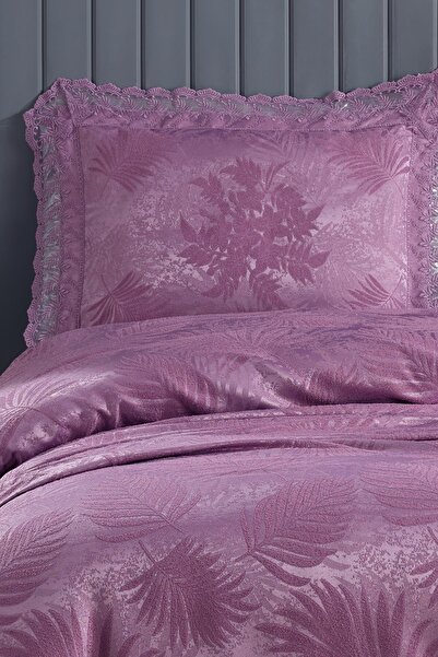 BİRHOME Pera Dantelli Çift Kişilik Yatak Örtüsü 3 Parça (mürdüm)