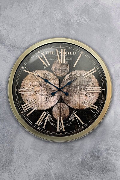 Platin Saat ساعة حائط بخريطة العالم معدنية عتيقة مقاس 40 سم