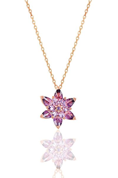 Ervanur Kadın Rose Altın Kaplama Mor Taşlı Lotus Çiçeği Kolye