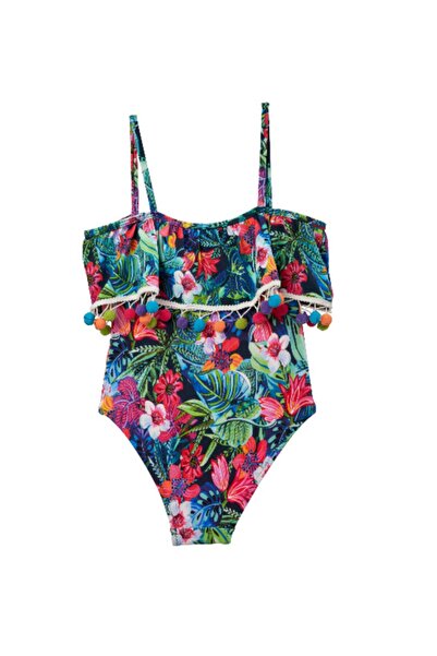 Pierre Cardin Costum de baie pentru fete cu pompon și volan cu model floral