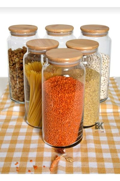 ALPER HOME 6-Piece Vacuum 1300ml Glass Jar with Bamboo Lid