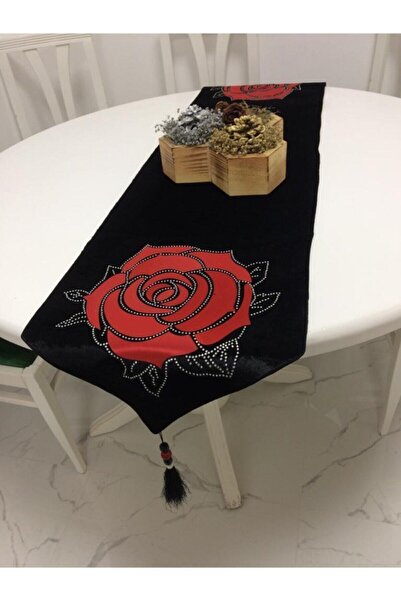 Finezza Runnervelvet Kristal Taşlı ve Gül Baskılı Kadife Kumaş Siyah/Kırmızı ...