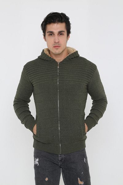 KMKkombin Men's Furry Hooded Sports Cardigan
