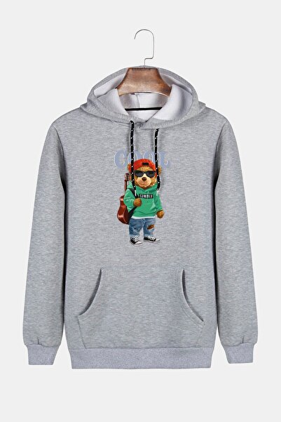 COLLIE Hanorac unisex gri cu glugă, cu ursuleț de pluș, slim fit, cu buzunar ...