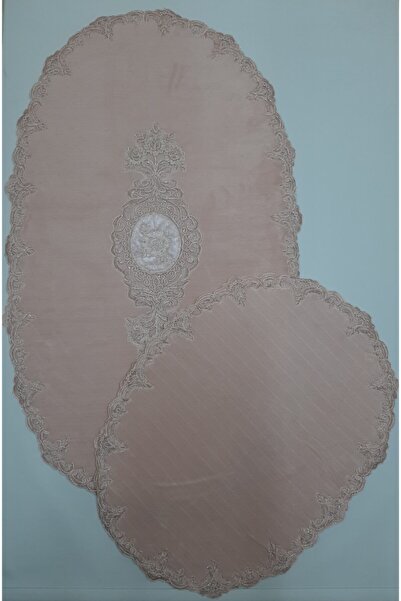 Çalışkan Çeyiz Evi Oval Fransız Dantelli Aplikli Banyo Paspas Seti - 2li Çeyi...