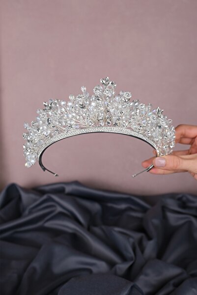 Limelia Gümüş Renk Akbahar Kristal Boncuklu Gelin Kına Tacı