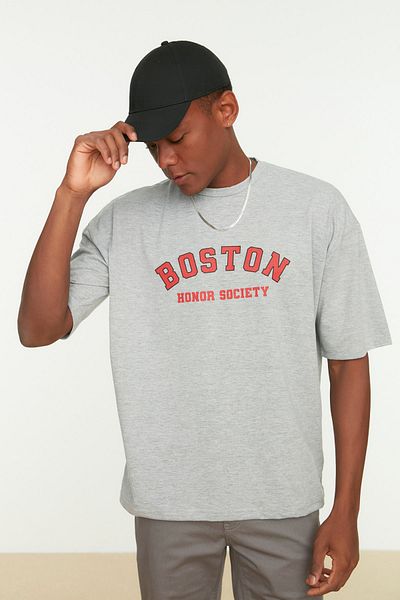 Trendyol Collection Gray Crew Neck Oversize T-Shirt - Text Printed, Short Sleeve TMNSS21TS1217