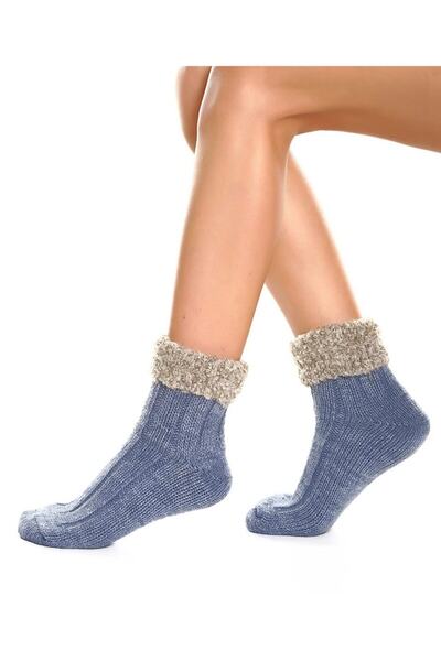 UNLIMITED LEGWEAR Kalın Kışlık Bileği Pofuduk Mavi Kadın Bot Çorap