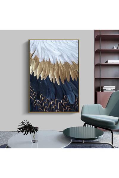 Markazip Altın Metal Çerçeveli Mavi Gold Tüyler Kanvas Tablo 70x100cm Kod: Sn...