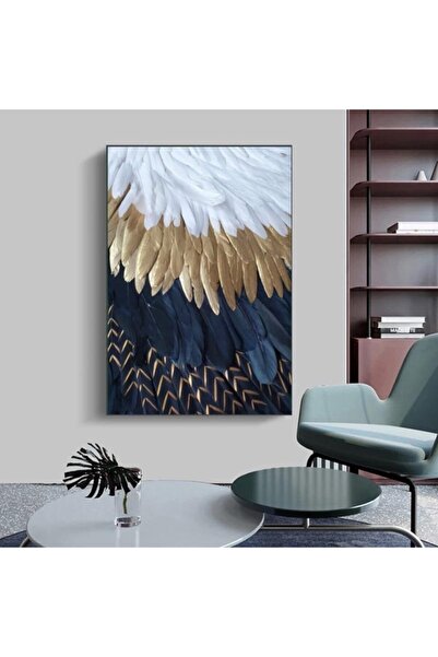 Markazip Siyah Metal Çerçeveli Mavi Gold Tüyler Kanvas Tablo 70x100cm Kod: Sn...