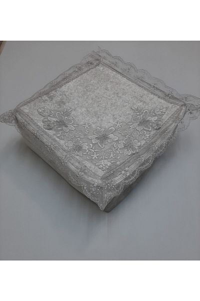 Çalışkan Çeyiz Evi Yemeni Gray Storage Velvet - Sponge, French Laced Lace Dowry Holder, 36x36x18cm