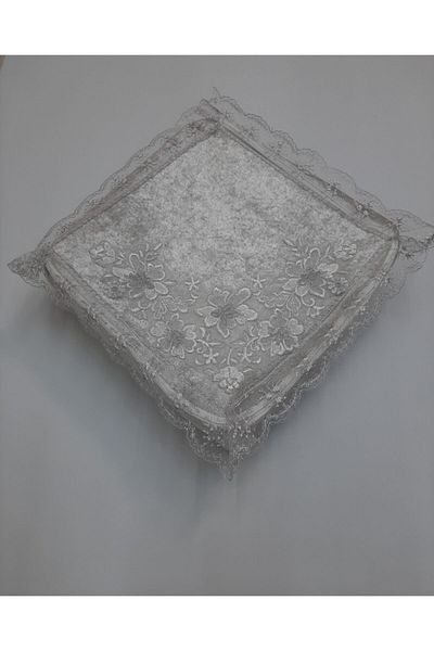 Çalışkan Çeyiz Evi Yemeni Gray Storage Velvet - Sponge, French Laced Lace Dowry Holder, 36x36x18cm