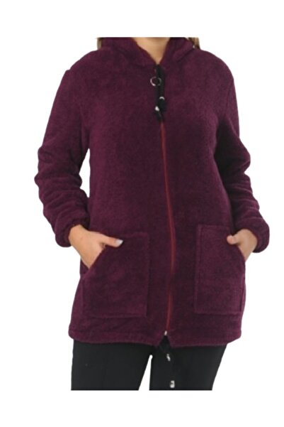 eL&Ma Design Kadın Mürdüm Kapüşonlu Büyük Beden Cepli Peluş Mont