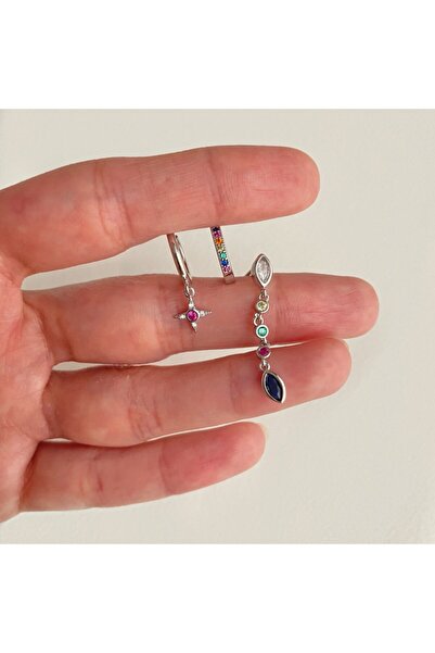 Okkostore Kadın Silver Charmlı 3’lü Küpe Seti