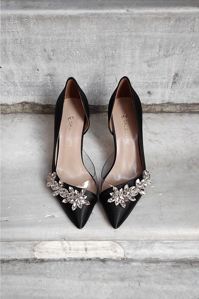 LA CALZATURE Satin Negru 7cm Toc Side Transparent Accesoriu Steaua Rochie De Seara Stiletto Pantofi Dama