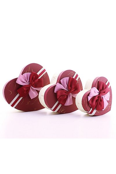 Deco Elit Set of 3 Heart Shaped Cardboard Box with Ribbon Red - Beige
