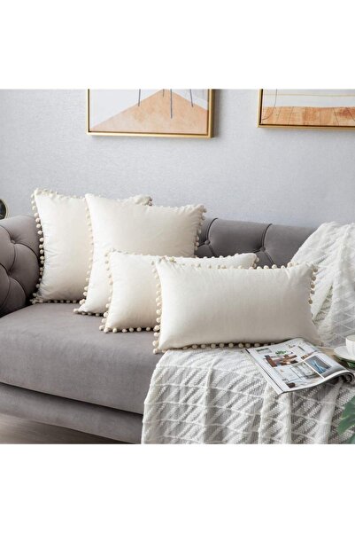 Bc Home 4 Adet Krem Minik Ponponlu Kırlent Kılıfı Kadife Görünümlü Düz, 2 Ade...