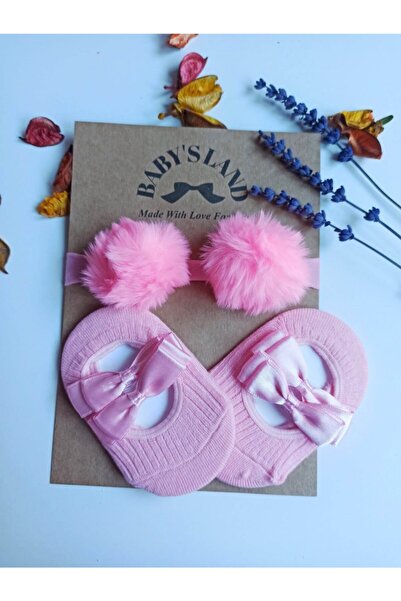 Babyland Kız Bebek/çorap Pembe Ponponlu Lastik Bandana Ve Pembe Babet Çorap Seti