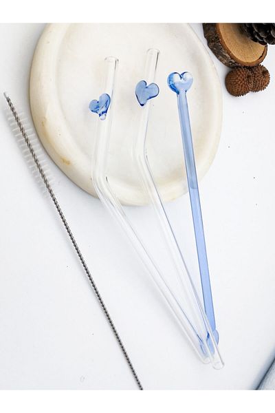 camADA Heart Glass Straw and Cocktail Mixing Stick Cleaning Brush Gift
