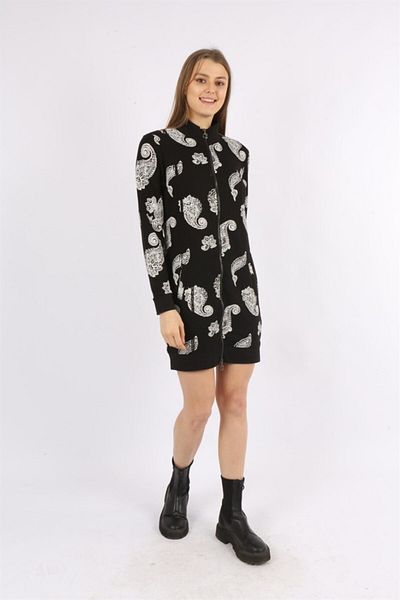 Banadamoda Black Patterned Long Sleeve Tunic with Zipper Pockets