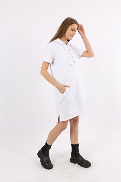 Banadamoda Біла туніка з капюшоном, короткими рукавами та застібками