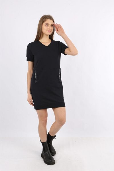 Banadamoda Navy Blue Short Sleeve Pocketed V-Neck Tunic Dress