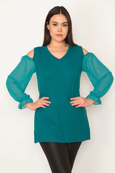 Şans Women's Large Size Green Shoulder Low-cut Sleeve Chiffon Detailed Blouse 65n31383