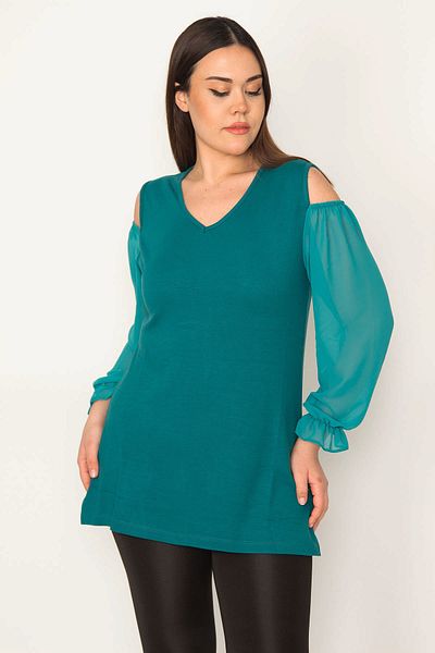 Şans Women's Large Size Green Shoulder Low-cut Sleeve Chiffon Detailed Blouse 65n31383