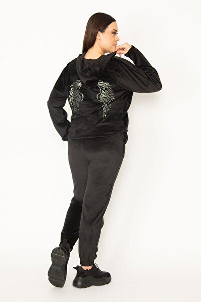 Şans Women's Black Pearl Velvet Back Angel Wing Stone Detailed Hooded Sweatshirt Trousers Set 65N31328