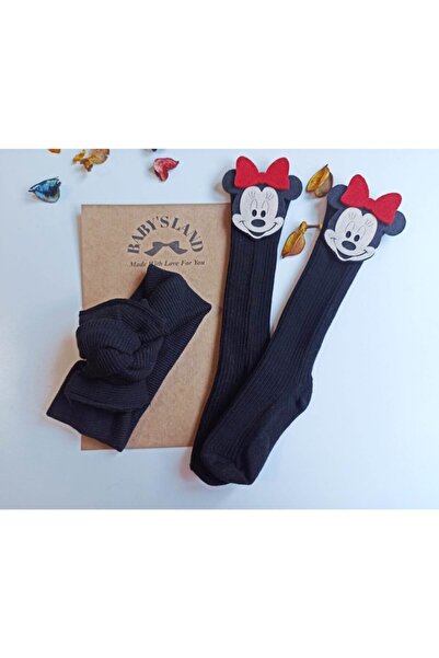 Babyland Baby Girl/socks Black Ribbed Bandana And Red Mickey Black Socks Set ...