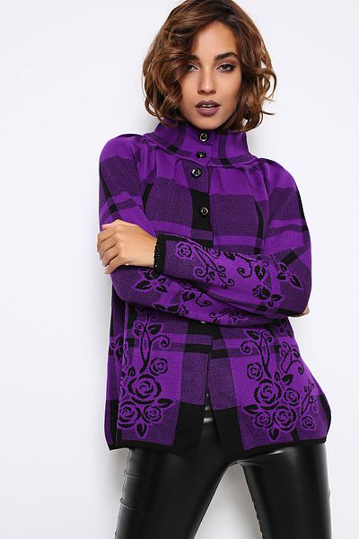 AVORWE Floral Patterned Buttoned Purple Knitwear Poncho