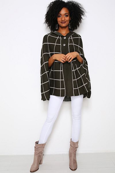 AVORWE Square Pattern Hooded Button Detail Khaki Knitwear Poncho