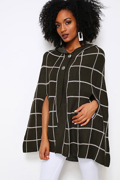 AVORWE Square Pattern Hooded Button Detail Khaki Knitwear Poncho