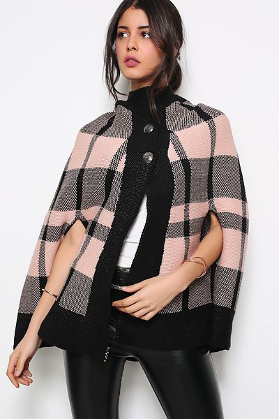 AVORWE Half Shirt Collar Square Pattern Two Button Salmon Knitwear Poncho