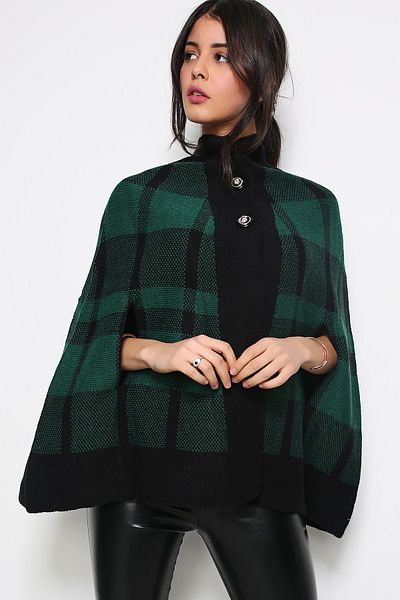 AVORWE Half Shirt Collar Square Pattern Two Buttoned Green Knitwear Poncho