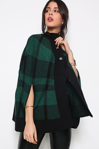 AVORWE Half Shirt Collar Square Pattern Two Buttoned Green Knitwear Poncho