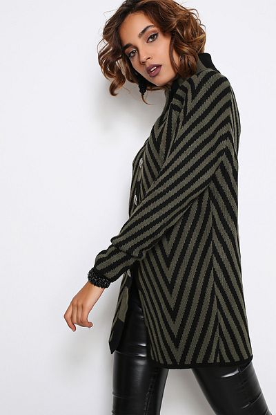 AVORWE Zigzag Patterned Khaki Knitwear Poncho with Sleeves