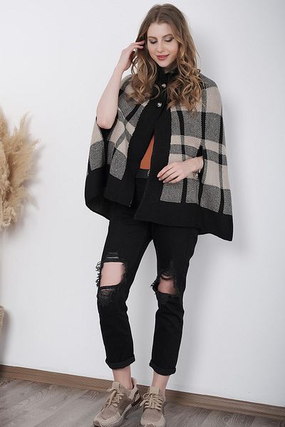 AVORWE Half Shirt Collar Square Pattern Two Buttoned Stone Knitwear Poncho