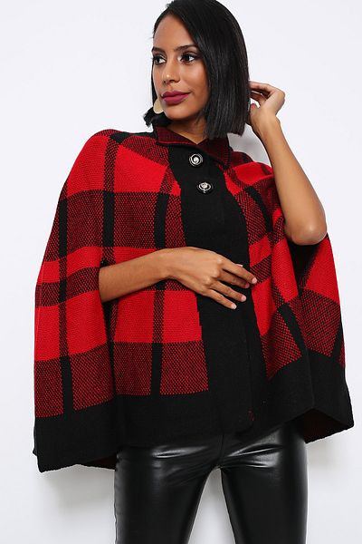 AVORWE Half Shirt Collar Square Pattern Two Button Red Knitwear Poncho