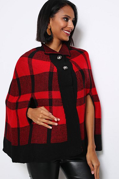 AVORWE Half Shirt Collar Square Pattern Two Button Red Knitwear Poncho