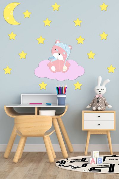 Tilki Dünyası Sleeping Pink Teddy Bear with Hat, Moon and Stars Deco Kids Room Wall Sticker