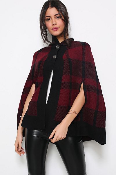 AVORWE Half Shirt Collar Square Pattern Two Button Burgundy Knitwear Poncho