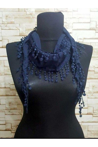 BANDANA MARKETİ Laced Cotton Bandana Scarf Nostalgia Model Navy Blue
