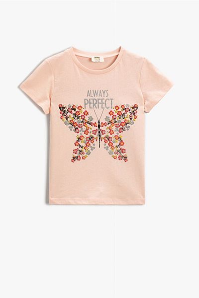 Koton Tricou roz cu mânecă scurtă cu imprimeu fluture pentru fetiță 2skg10004ak
