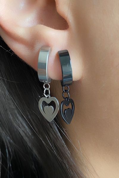 axexuar 316l Steel Ring Heart Motif Black Silver Color Double Earrings for Compression Non-Perforated Ears