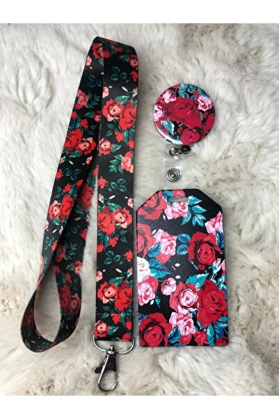 Hediyebum Set curea pentru gât cu trandafiri roșii și suport pentru carduri