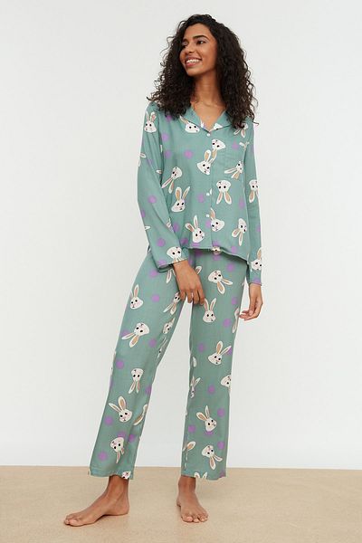 Trendyol Collection Pajama Set - Turquoise - With Slogan