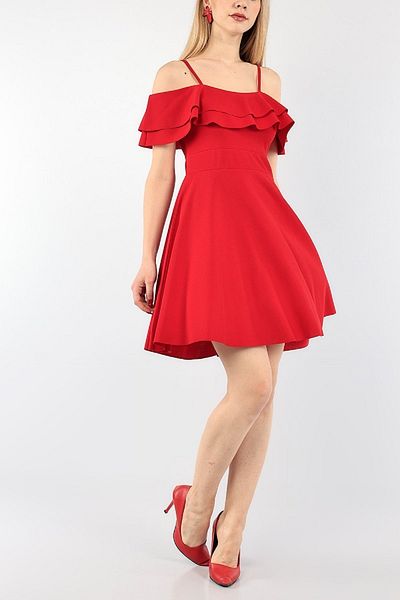 NKTCOLLECTİON Women's Red Double Flounce Strap Evening Dress Graduation Dress Nkt-emr-58698