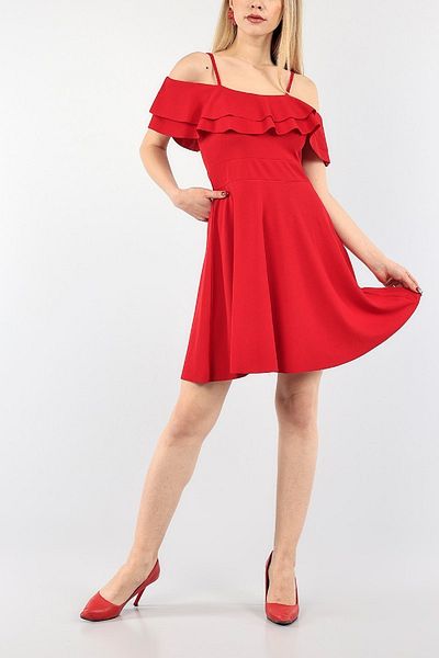 NKTCOLLECTİON Women's Red Double Flounce Strap Evening Dress Graduation Dress Nkt-emr-58698