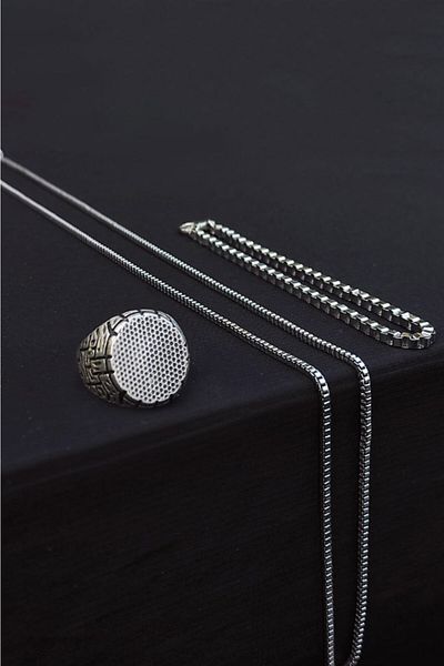 The Collection Çukur Yamaç Adjustable Silver Ring Cube Bracelet And Necklace Set